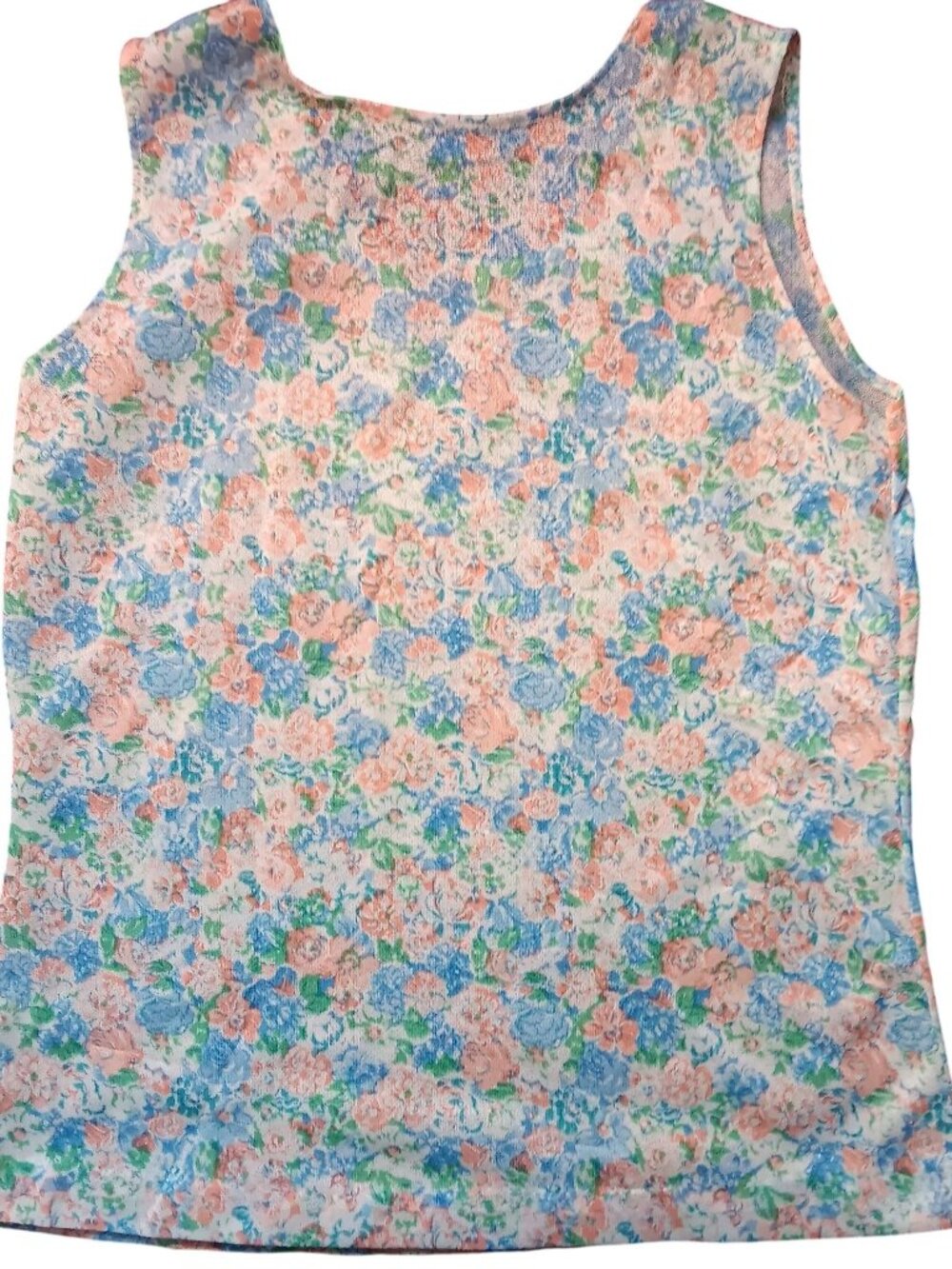 Vintage Women's Small Tank Sheer Top 1970's Granny Nylon Pink/Blue Flowers